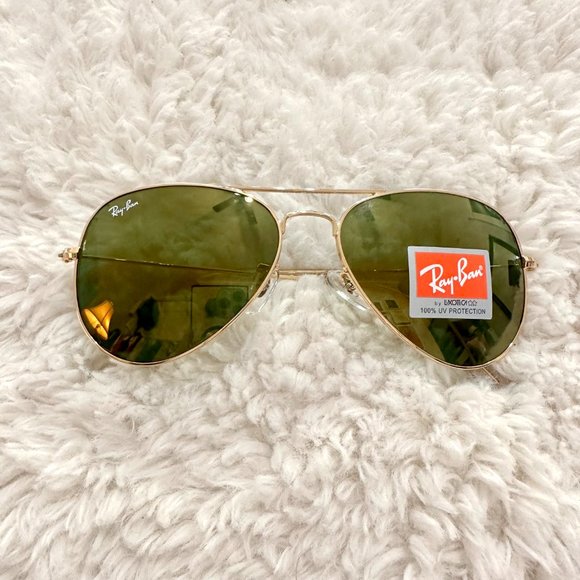 New RAY-BAN Large Metal Aviator Sunglasses Gold Frame Yellow Green Mirrored Lens main image 5